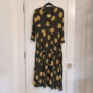 Madewell Button Front Tier Dress Fall Flowers Floral Print Crepe Midi Dress XS